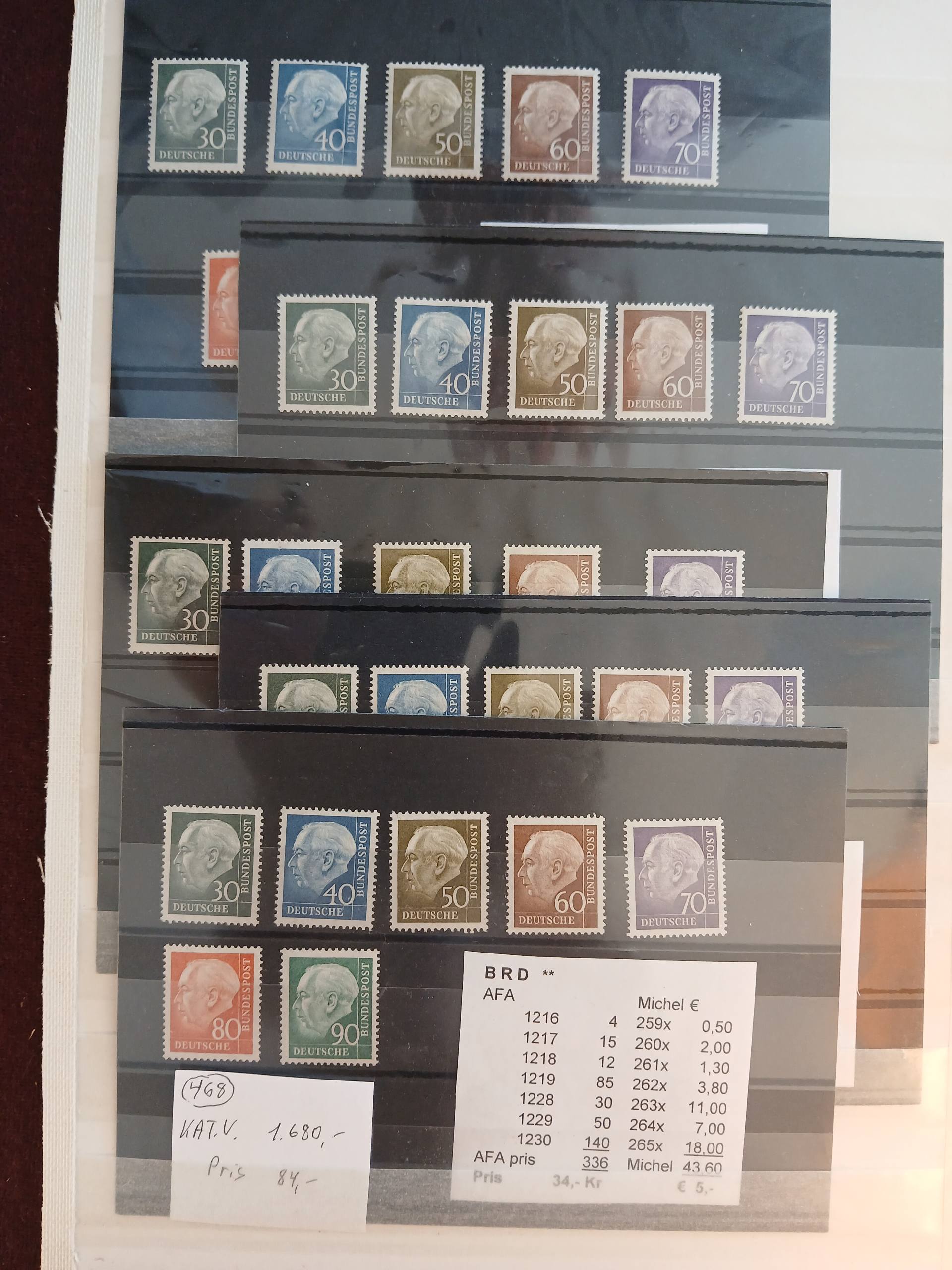 Vesttyskland (468) Planche med 5 sæt postfriske Heussfrimærker